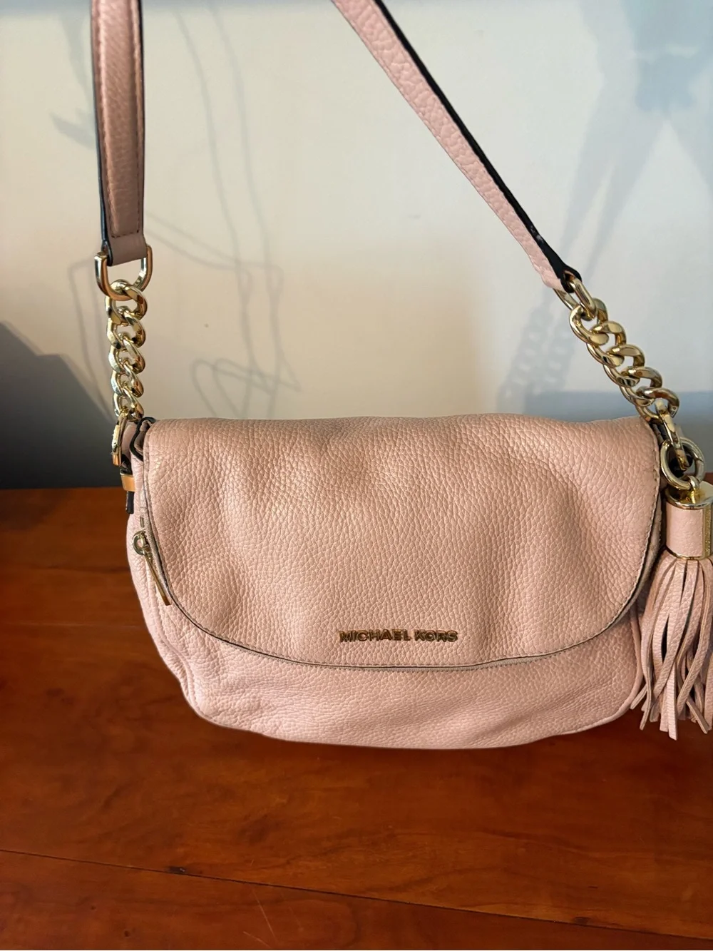 Michael Kors Blush Pink Pebbled Leather Shoulder Bag Tassel Gold Chain
